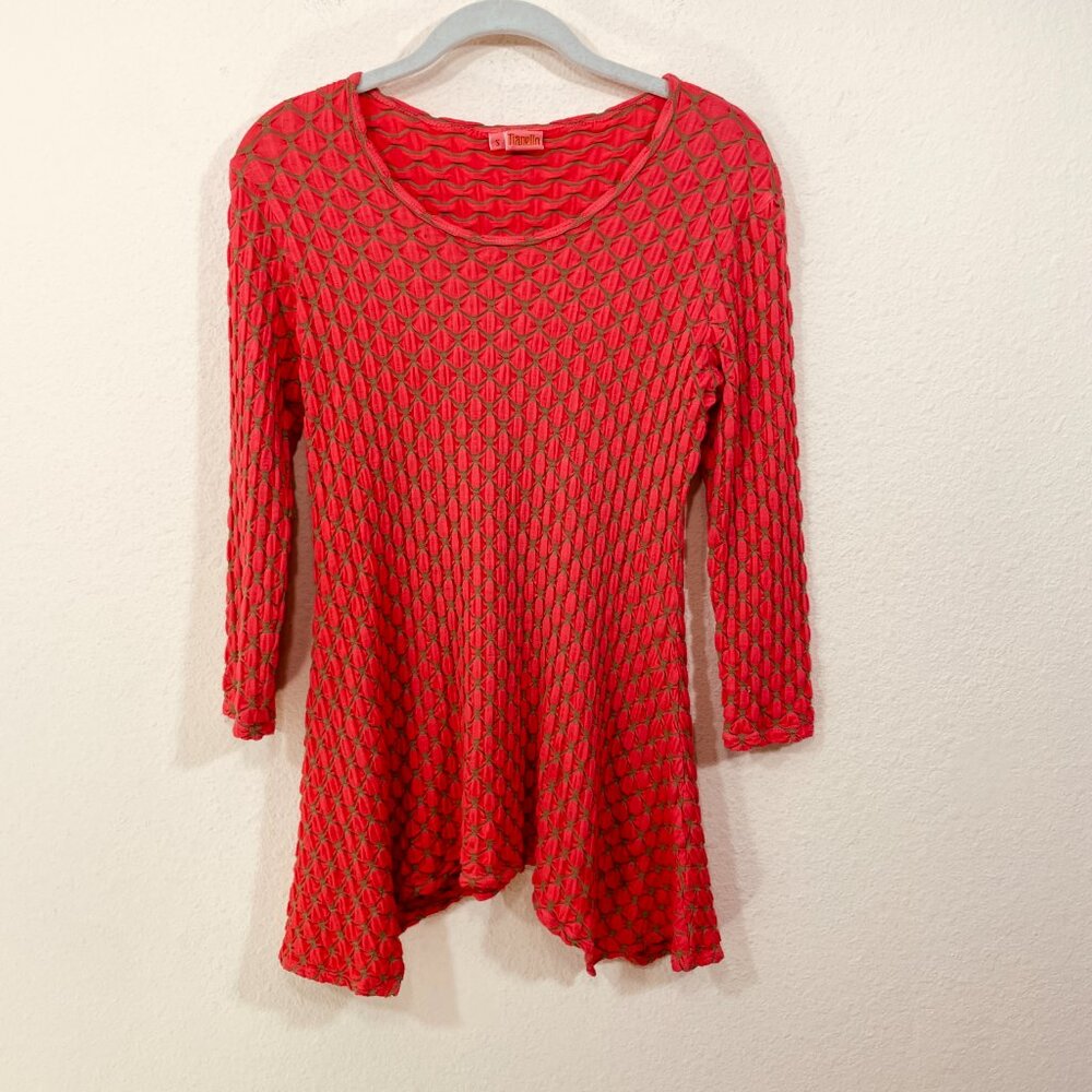 TIANELLO Steve Barraza Size S Long Sleeve‎ Stretch Tunic Top Coral Red USA Made